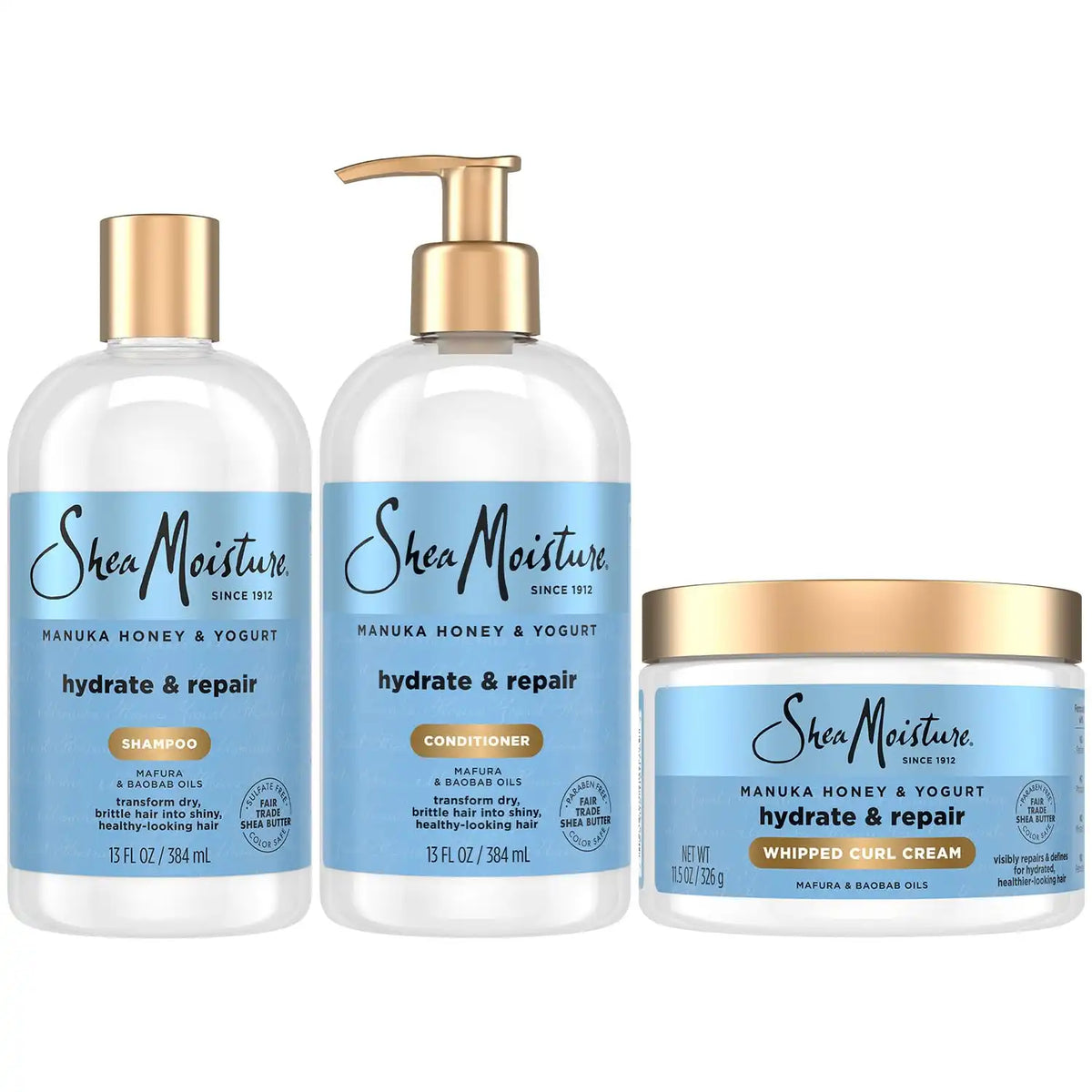 SheaMoisture Shampoo & Conditioner, Manuka Honey & Yogurt Hydrate & Repair + Whipped Curl Cream for Curly Hair Definition, Frizz Control Main image