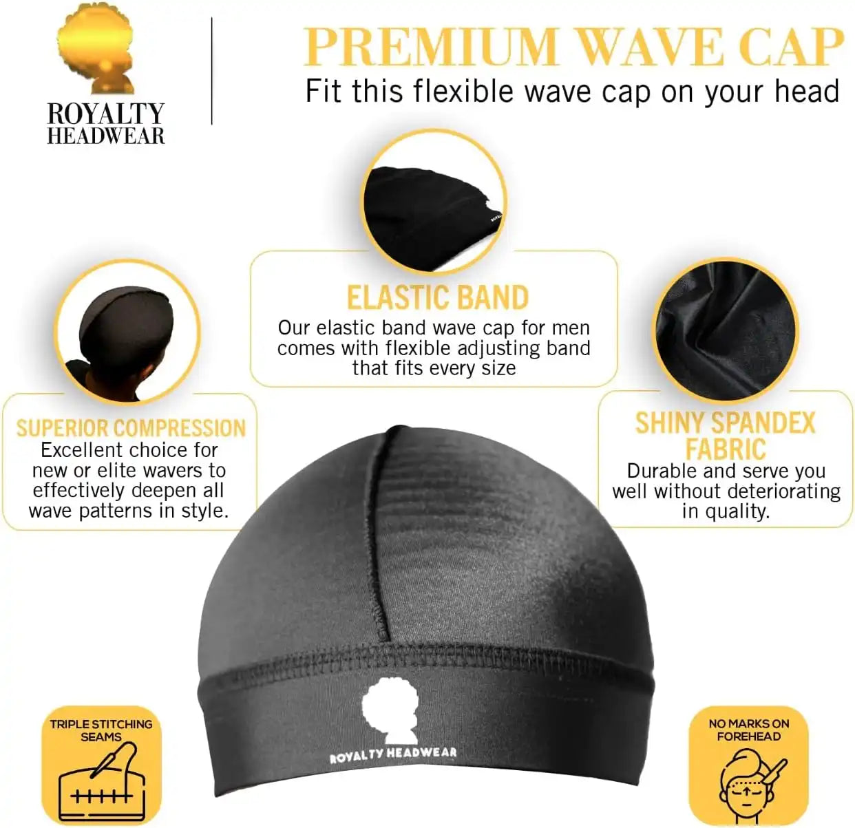 Royalty Headwear Silky Wave Cap for 360, 540 & 720 Waves, Soft Breathable Durag Skull Cap Beanie for Men Secondary image