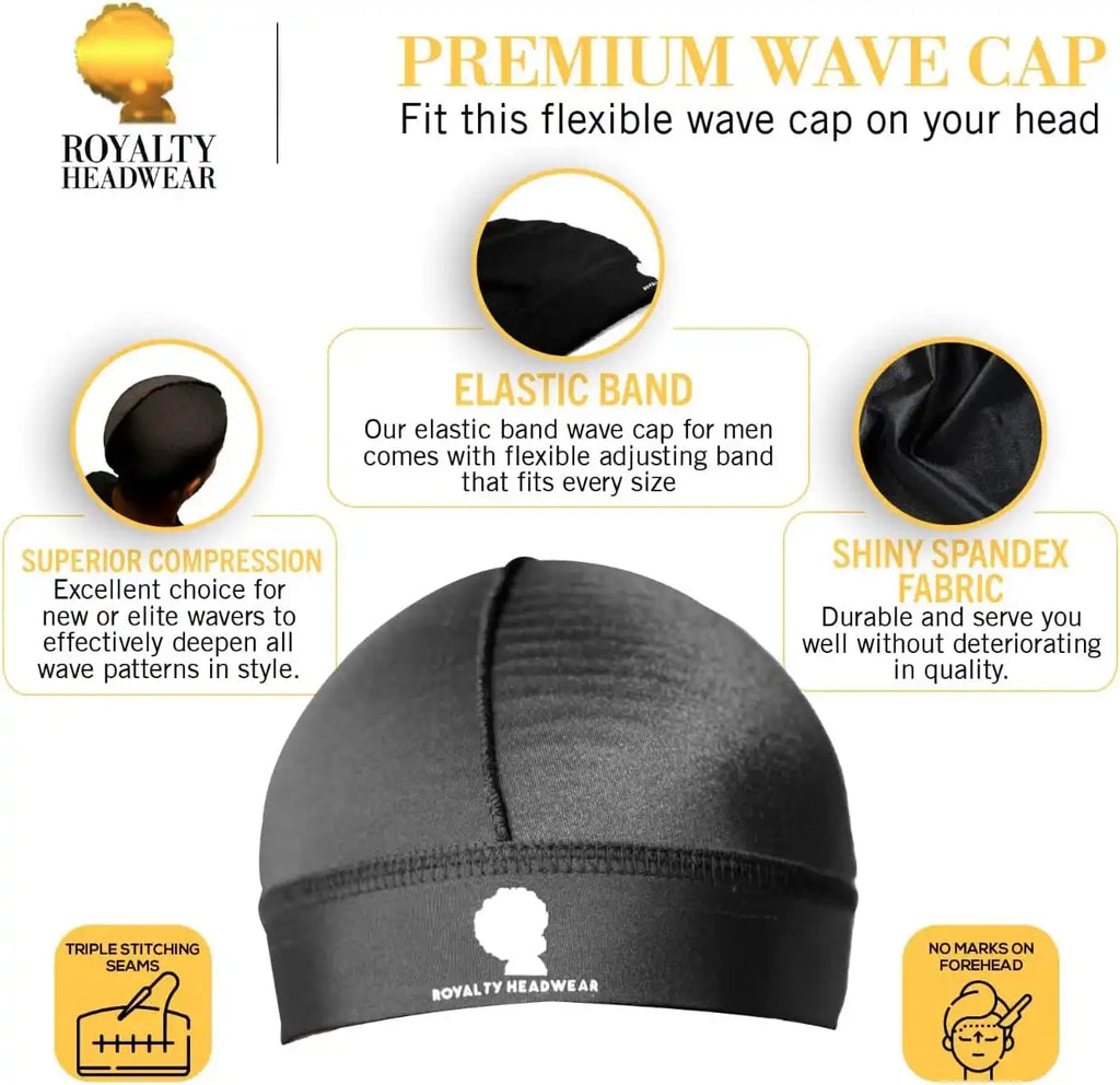 Royalty Headwear Silky Wave Cap for 360, 540 & 720 Waves, Soft Breathable Durag Skull Cap Beanie for Men