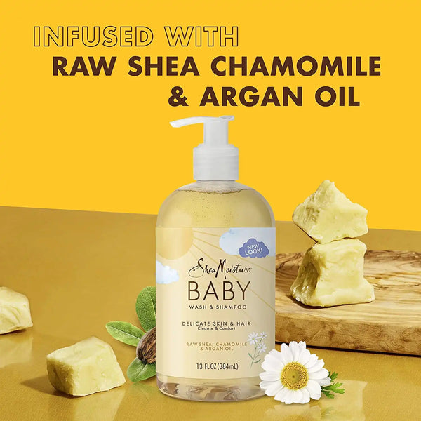 SheaMoisture Baby Wash & Shampoo for All Skin Types Raw Shea, Chamomile & Argan Oil Baby Wash and Shampoo with Frankincense & Myrrh to Help Cleanse 13 oz, Gold, Packaging may vary