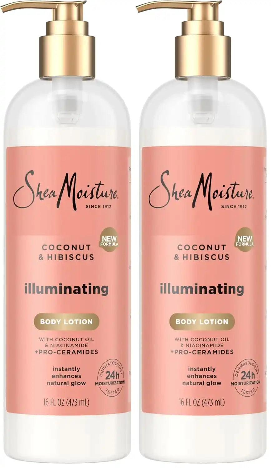 SheaMoisture Illuminating Body Lotion with Coconut Oil, Hibiscus, Niacinamide and Pro-Ceramides, Instantly Enhancing Skin's Natural Glow, 24H Moisturizing 16 oz, (Pack of 2) Main image