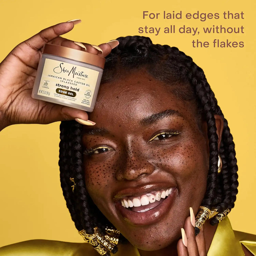 SheaMoisture Edge Control Strong Hold Gel+Flaxseed Jamaican Black Castor Oil Keeps Edges in Place,No Flakes,Infused With Hydrolyzed Corn Starch,Glycerin,Indulgent Scent ParabenFree AntiFrizz Gel 3.5oz